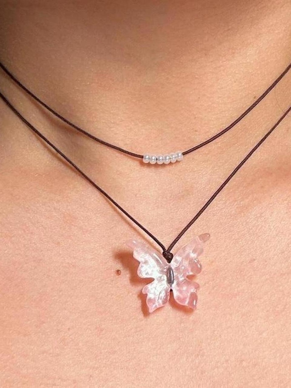 Handmade Pink Butterfly Pendant Layering Necklace Set Cottagecore Fairycore Y2K